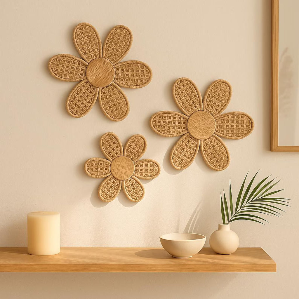 Set of 3 Boho Daisy Wall Decor – Handmade Faux Rattan Wooden Flowers – Rustic Chic Hanging Art for Living Room, Bedroom – Home Aesthetic
