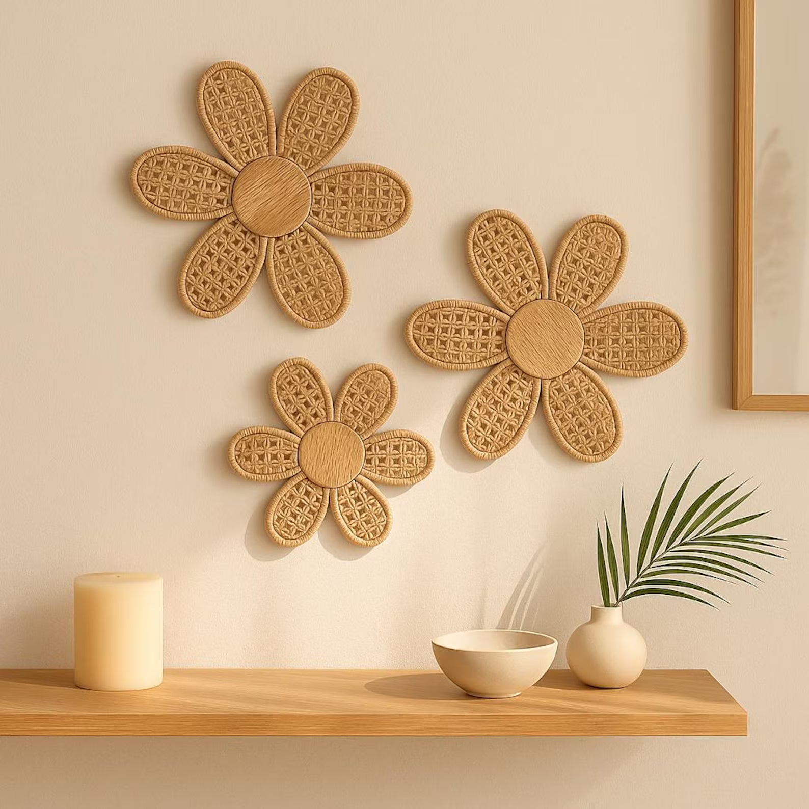 Set of 3 Boho Daisy Wall Decor – Handmade Faux Rattan Wooden Flowers – Rustic Chic Hanging Art for Living Room, Bedroom – Home Aesthetic