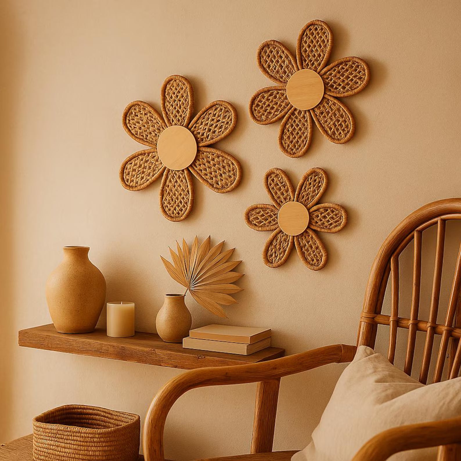 Set of 3 Boho Daisy Wall Decor – Handmade Faux Rattan Wooden Flowers – Rustic Chic Hanging Art for Living Room, Bedroom – Home Aesthetic