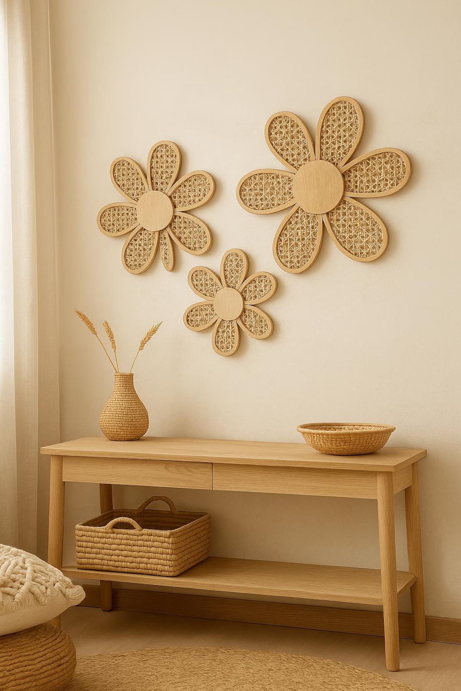 Set of 3 Boho Daisy Wall Decor – Handmade Faux Rattan Wooden Flowers – Rustic Chic Hanging Art for Living Room, Bedroom – Home Aesthetic