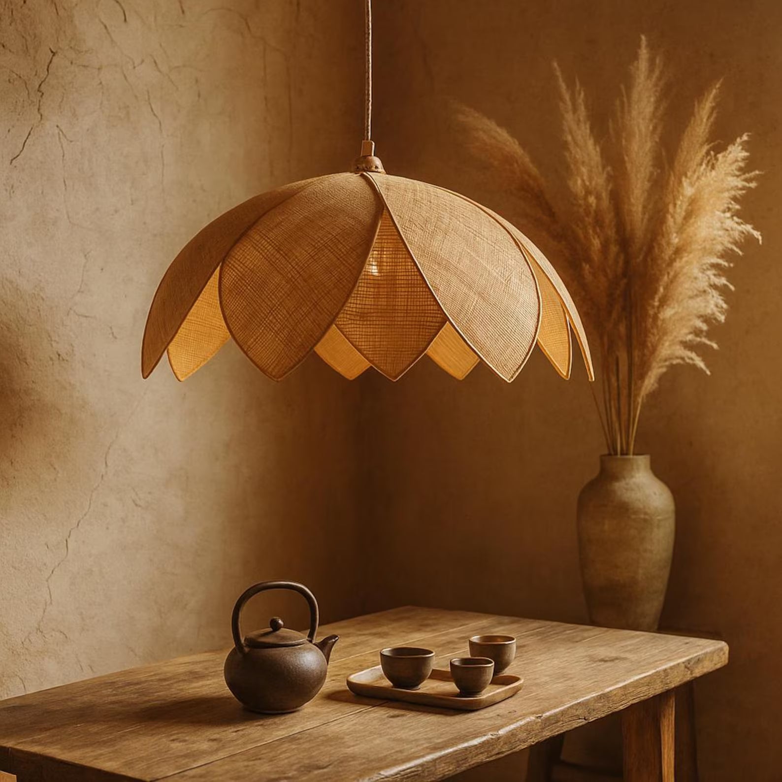 Handcrafted Wabi-Sabi Rattan Pendant Light – Organic Petal Design for Japandi & Zen-Inspired Interiors – Natural Boho Lamp for Tea Room