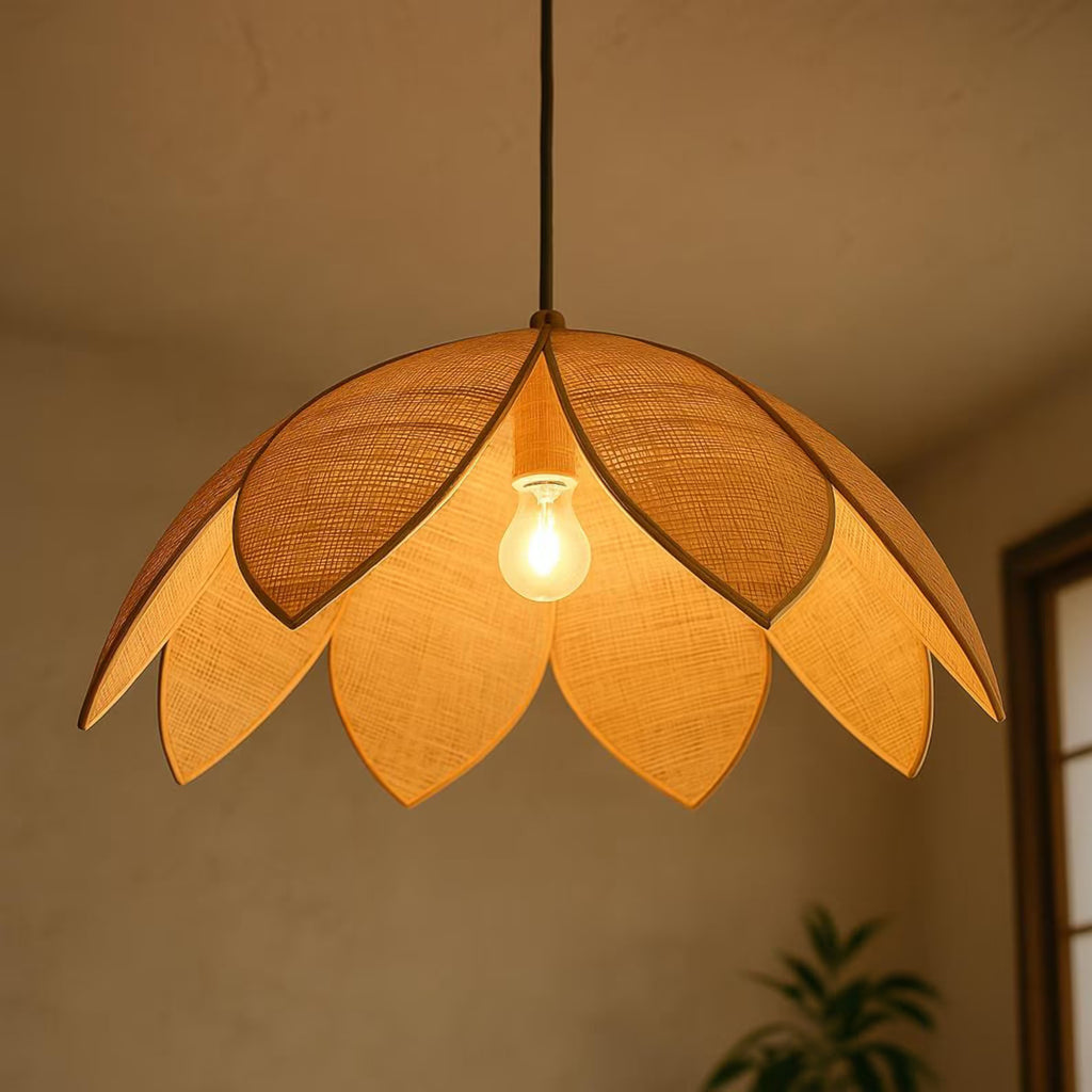 Handcrafted Wabi-Sabi Rattan Pendant Light – Organic Petal Design for Japandi & Zen-Inspired Interiors – Natural Boho Lamp for Tea Room