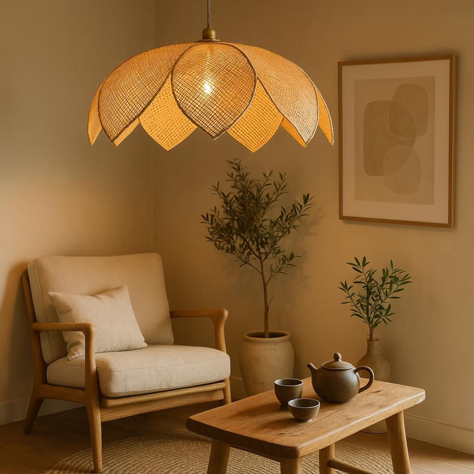 Handcrafted Wabi-Sabi Rattan Pendant Light – Organic Petal Design for Japandi & Zen-Inspired Interiors – Natural Boho Lamp for Tea Room
