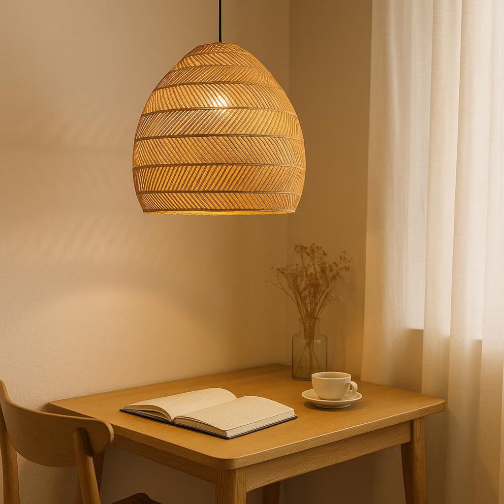 Handwoven Rattan Pendant Light – Boho Style Ceiling Lamp for Bedroom, Dining Room or Cozy Study – Natural Wooden Hanging Light Fixture