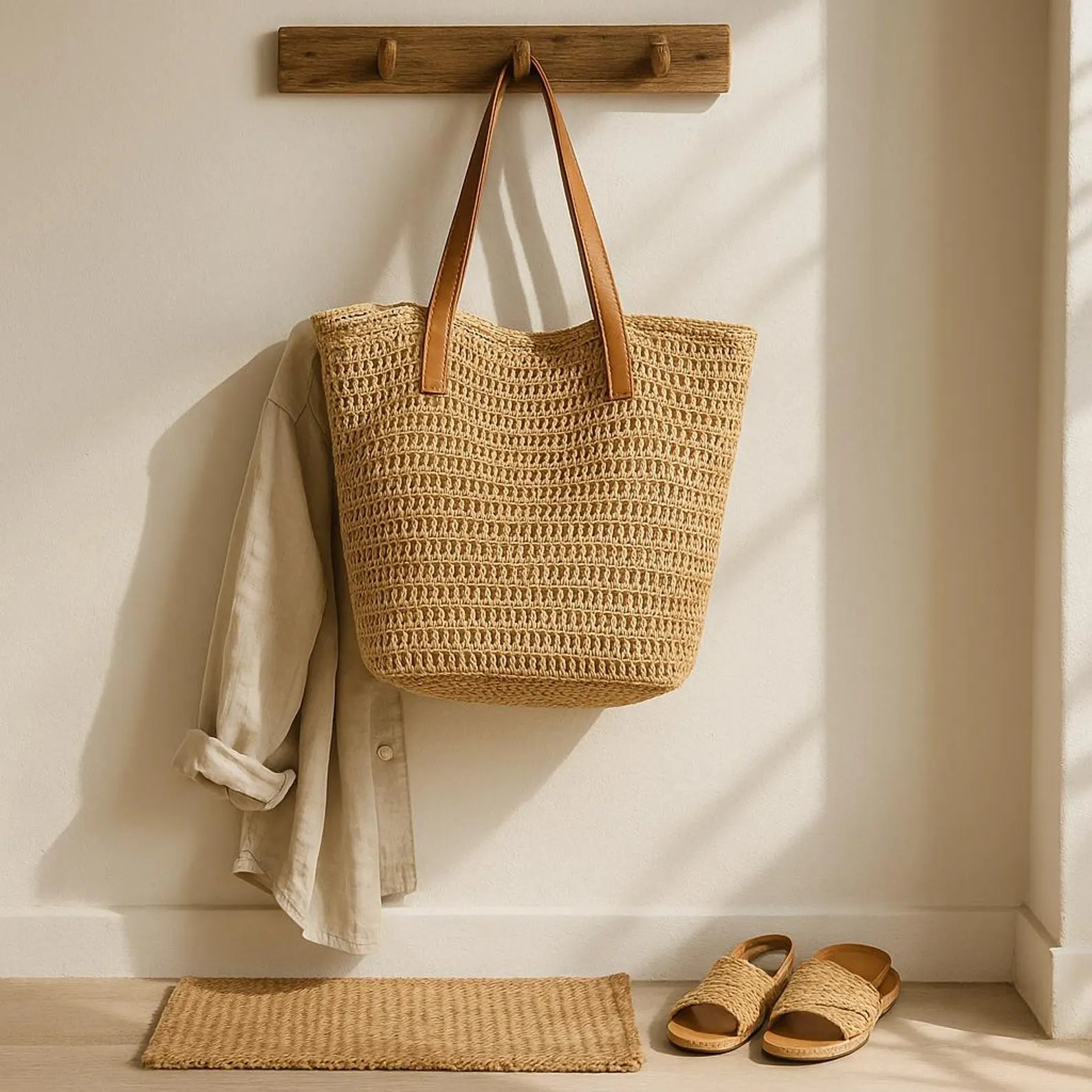 Extra Large Boho Straw Tote Bag – Woven Shoulder Beach Bag in Natural Raffia