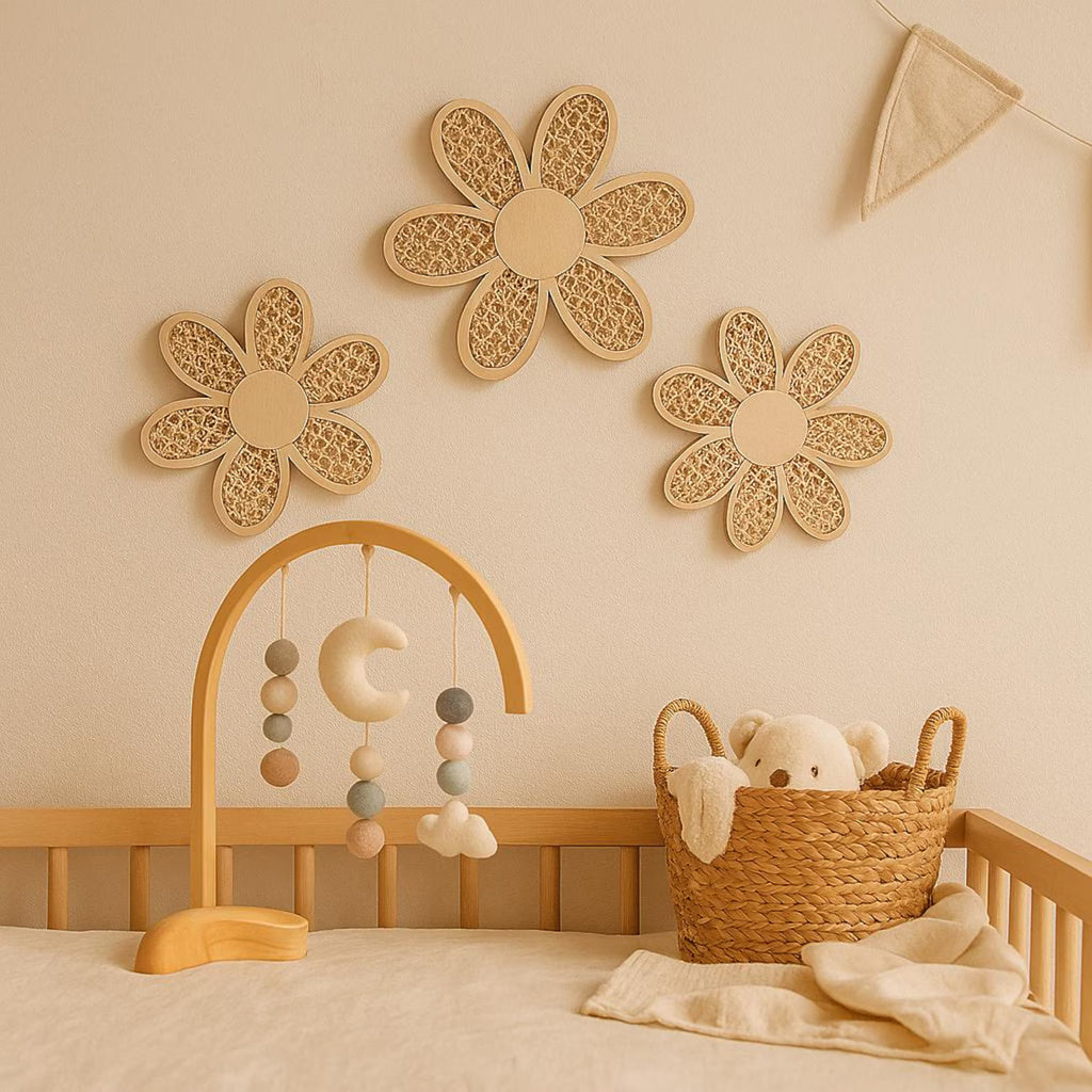 Set of 3 Boho Daisy Wall Decor – Handmade Faux Rattan Wooden Flowers – Rustic Chic Hanging Art for Living Room, Bedroom – Home Aesthetic