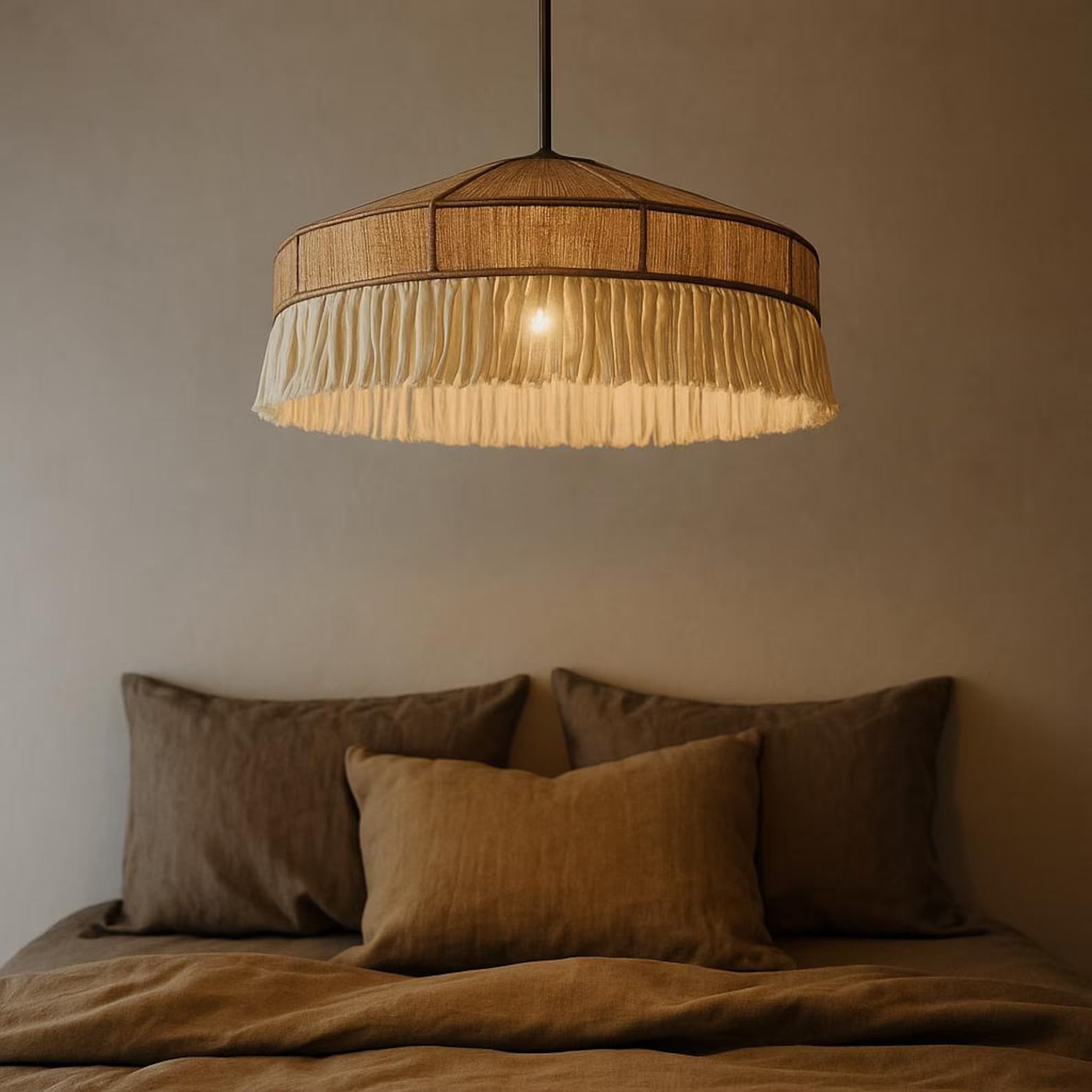 Handcrafted Cream Fringe Chandelier – Minimalist Wabi-Sabi Inspired Pendant Light for Bedroom, Dining Room – Elegant Japandi Ceiling