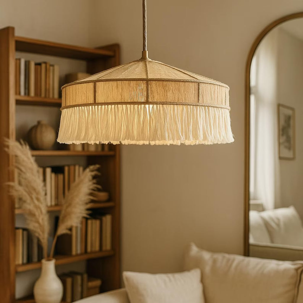 Handcrafted Cream Fringe Chandelier – Minimalist Wabi-Sabi Inspired Pendant Light for Bedroom, Dining Room – Elegant Japandi Ceiling