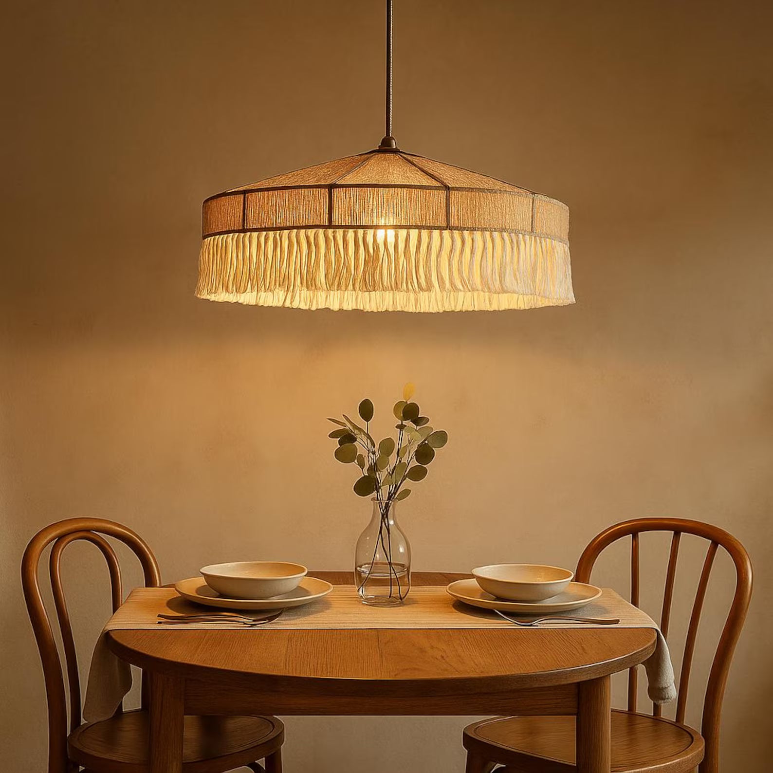 Handcrafted Cream Fringe Chandelier – Minimalist Wabi-Sabi Inspired Pendant Light for Bedroom, Dining Room – Elegant Japandi Ceiling