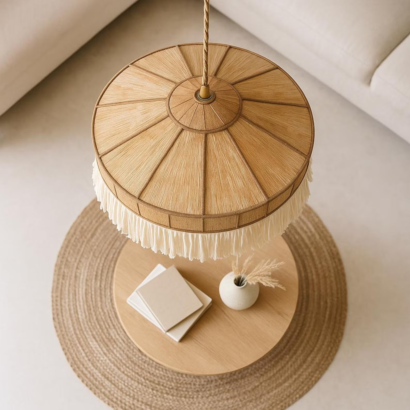 Handcrafted Cream Fringe Chandelier – Minimalist Wabi-Sabi Inspired Pendant Light for Bedroom, Dining Room – Elegant Japandi Ceiling