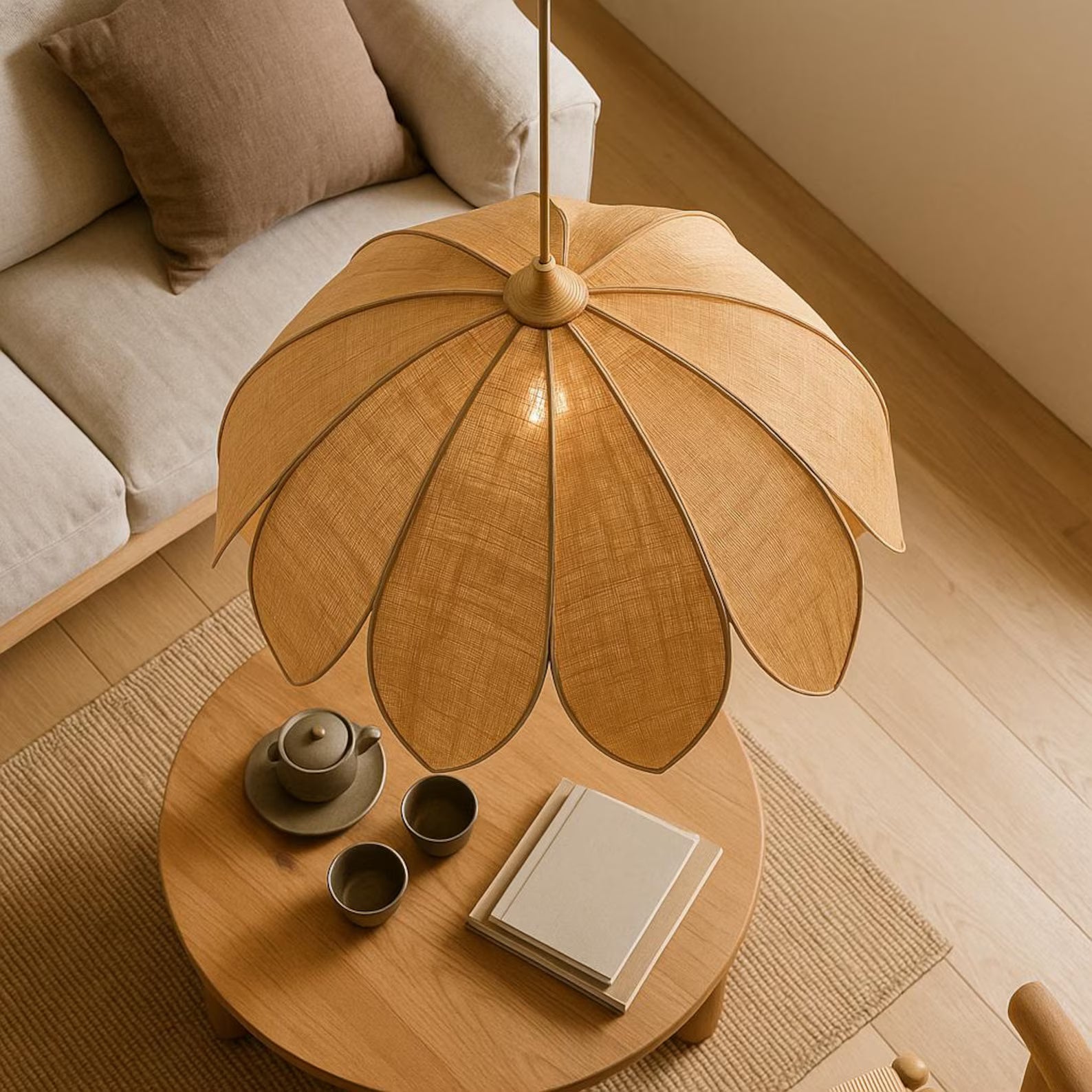 Handcrafted Wabi-Sabi Rattan Pendant Light – Organic Petal Design for Japandi & Zen-Inspired Interiors – Natural Boho Lamp for Tea Room