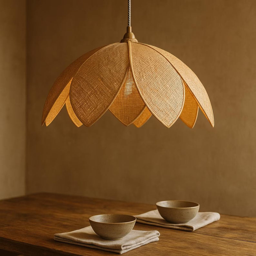 Handcrafted Wabi-Sabi Rattan Pendant Light – Organic Petal Design for Japandi & Zen-Inspired Interiors – Natural Boho Lamp for Tea Room