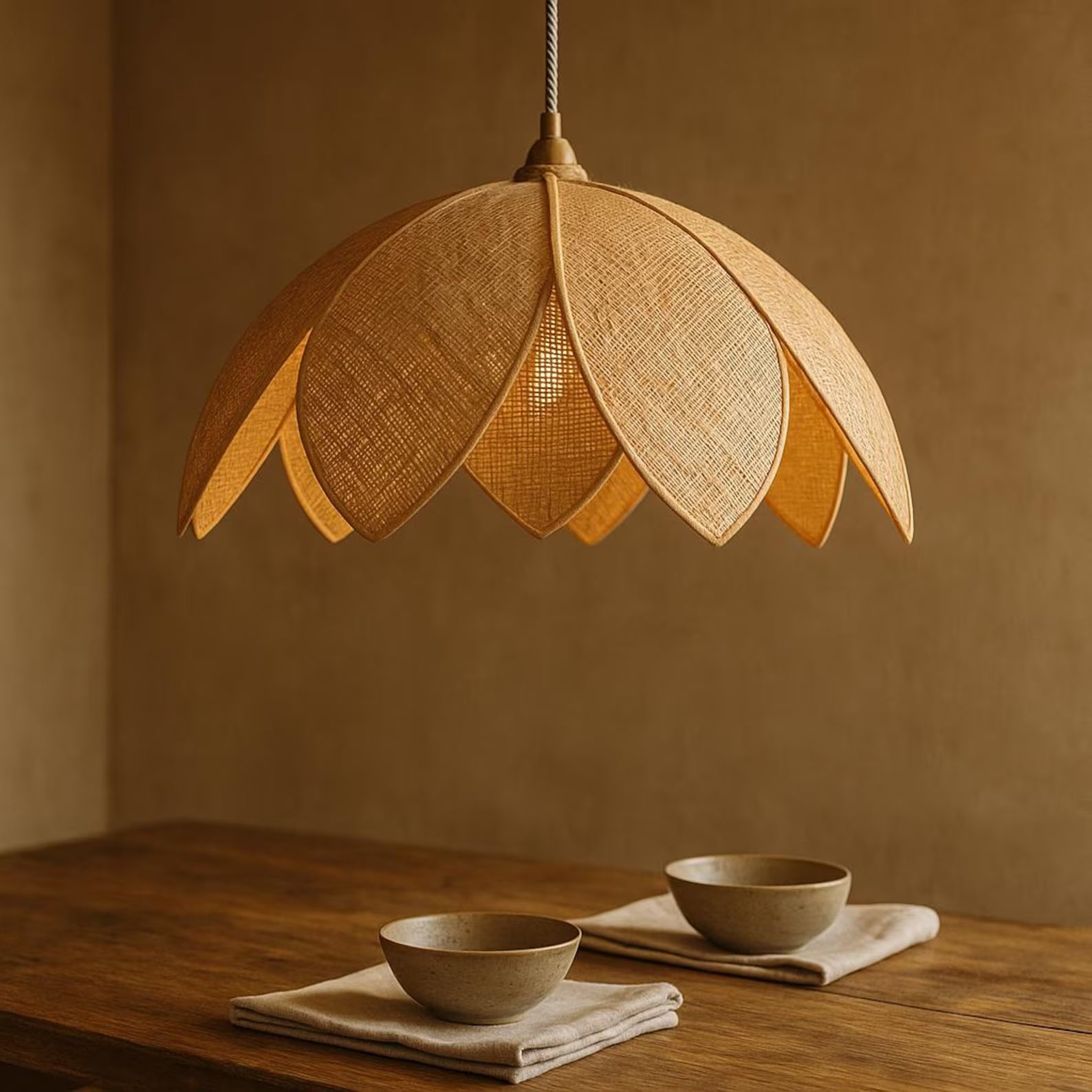 Handcrafted Wabi-Sabi Rattan Pendant Light – Organic Petal Design for Japandi & Zen-Inspired Interiors – Natural Boho Lamp for Tea Room