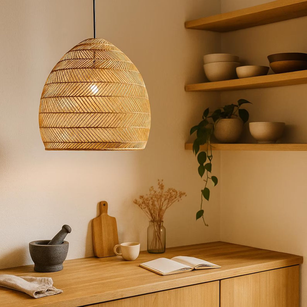 Handwoven Rattan Pendant Light – Boho Style Ceiling Lamp for Bedroom, Dining Room or Cozy Study – Natural Wooden Hanging Light Fixture