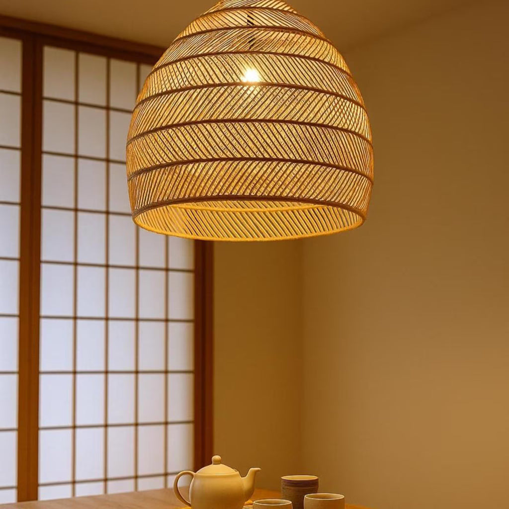 Handwoven Rattan Pendant Light – Boho Style Ceiling Lamp for Bedroom, Dining Room or Cozy Study – Natural Wooden Hanging Light Fixture