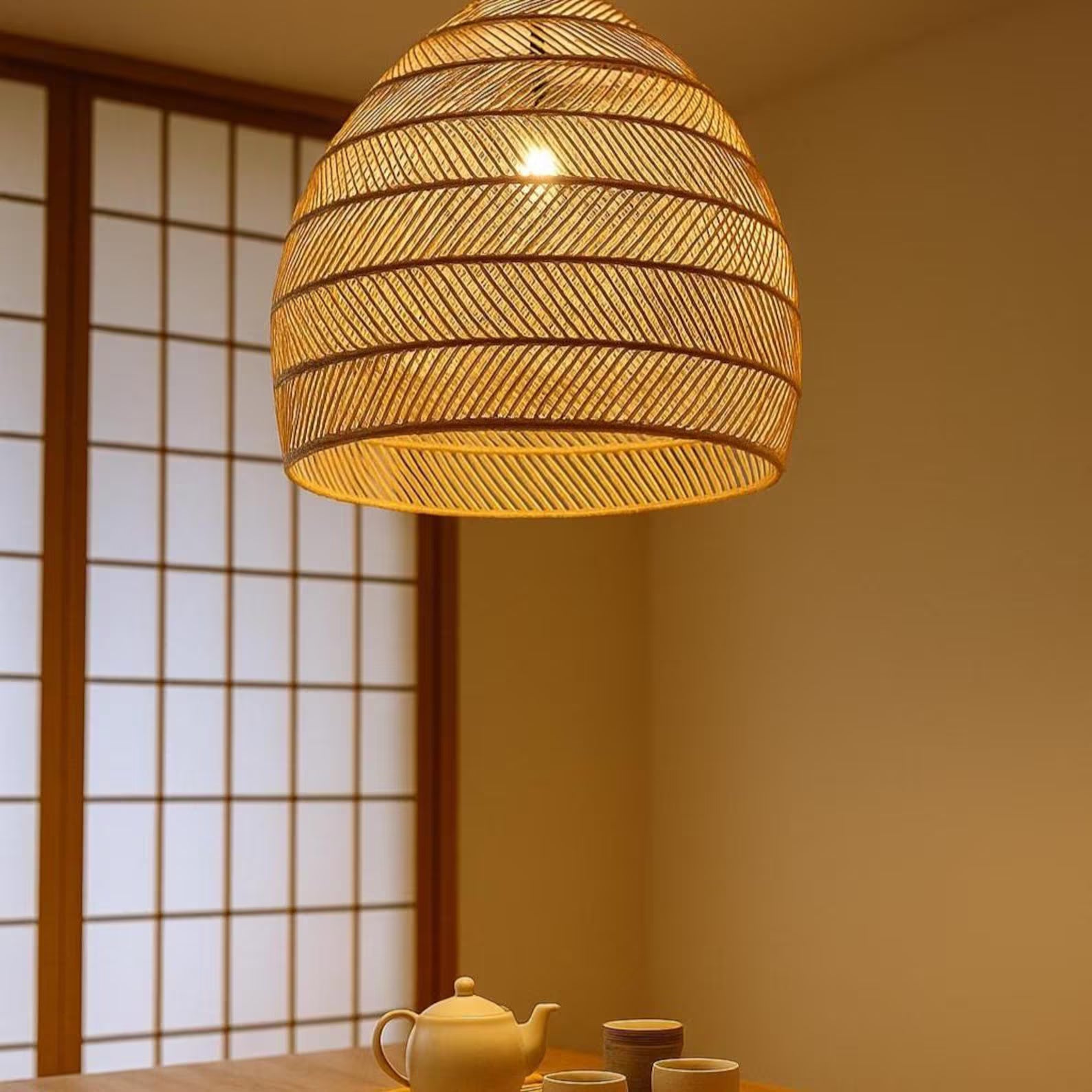 Handwoven Rattan Pendant Light – Boho Style Ceiling Lamp for Bedroom, Dining Room or Cozy Study – Natural Wooden Hanging Light Fixture