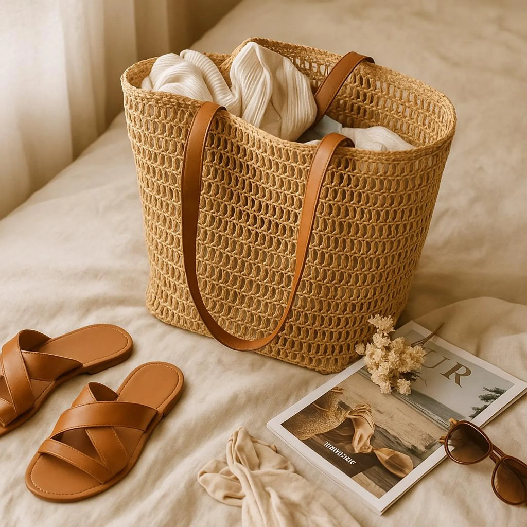 Extra Large Boho Straw Tote Bag – Woven Shoulder Beach Bag in Natural Raffia