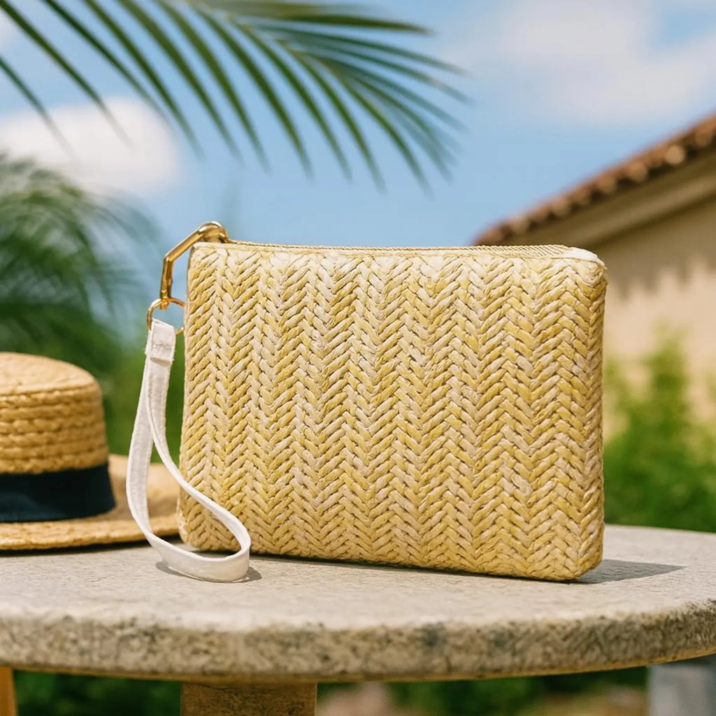 Boho Woven Straw Wristlet Clutch for Women – Summer Phone Pouch & Card Wallet – Small Handmade Rattan Purse with Zipper for Beach, Travel