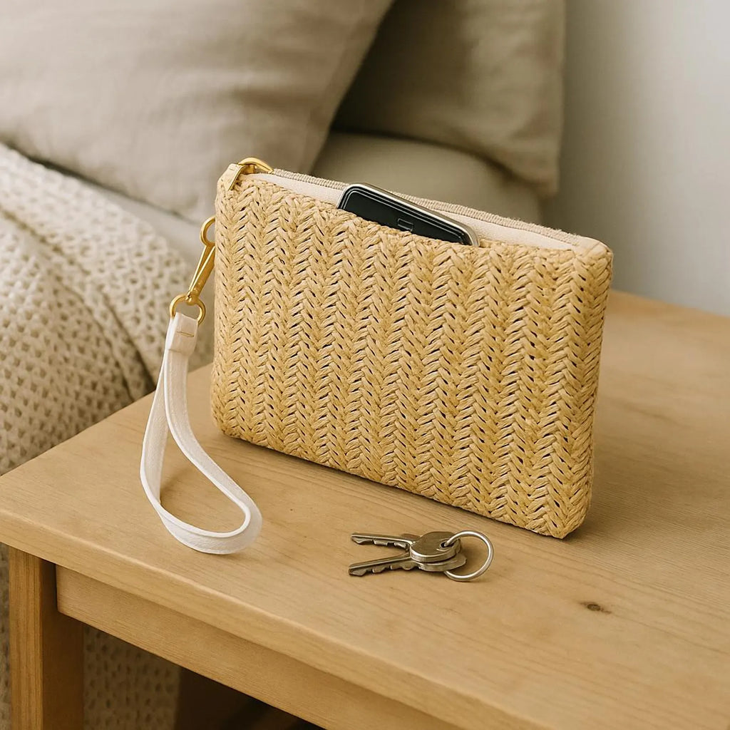 Boho Woven Straw Wristlet Clutch for Women – Summer Phone Pouch & Card Wallet – Small Handmade Rattan Purse with Zipper for Beach, Travel