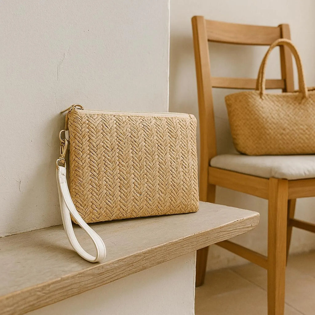 Boho Woven Straw Wristlet Clutch for Women – Summer Phone Pouch & Card Wallet – Small Handmade Rattan Purse with Zipper for Beach, Travel