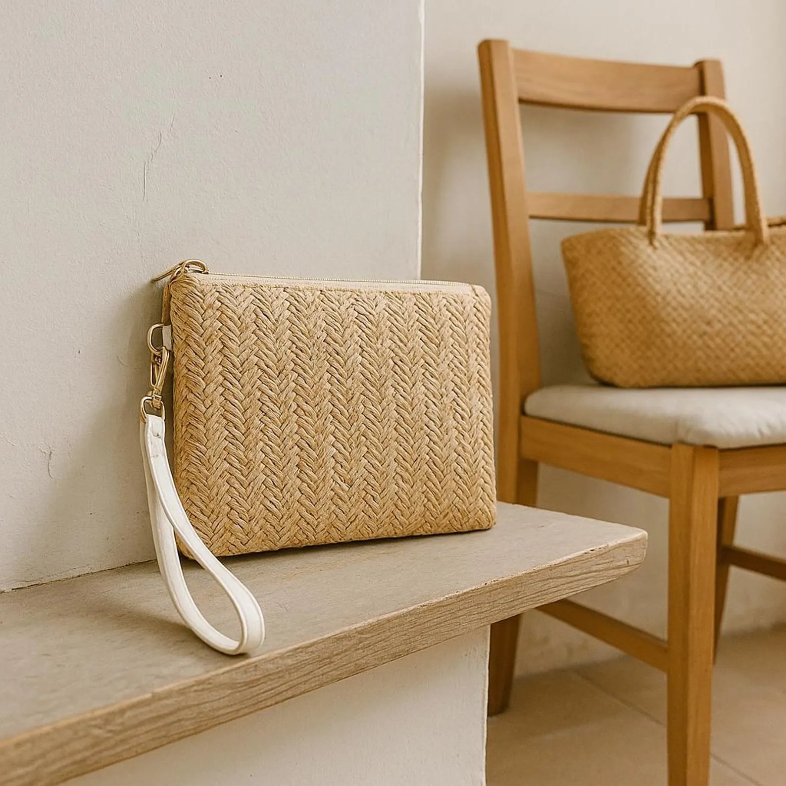 Boho Woven Straw Wristlet Clutch for Women – Summer Phone Pouch & Card Wallet – Small Handmade Rattan Purse with Zipper for Beach, Travel