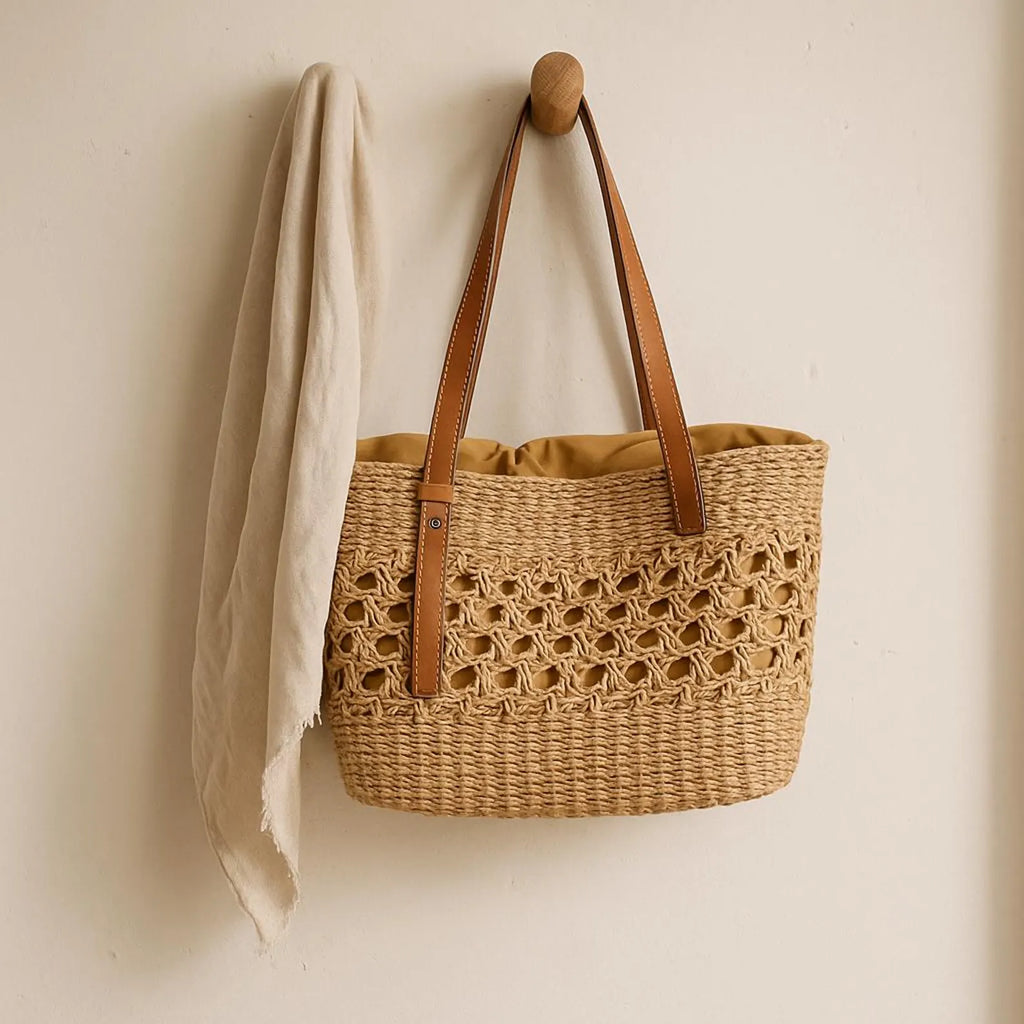 Large Rattan Woven Tote Bag for Women – Handmade Boho Straw Purse with Vintage Summer Vibes – Stylish Travel Basket for Beach Days