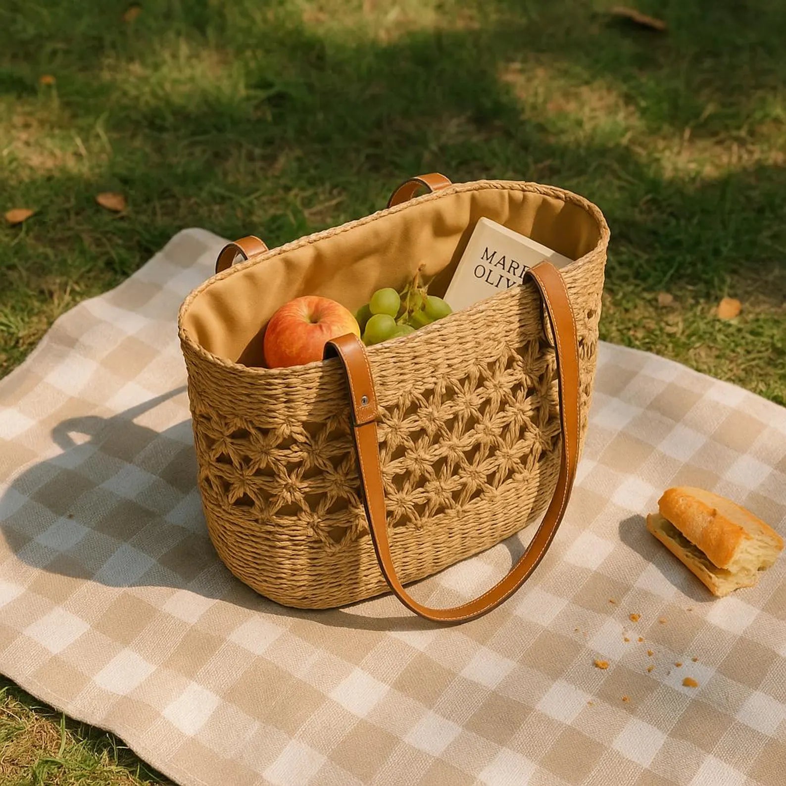 Large Rattan Woven Tote Bag for Women – Handmade Boho Straw Purse with Vintage Summer Vibes – Stylish Travel Basket for Beach Days