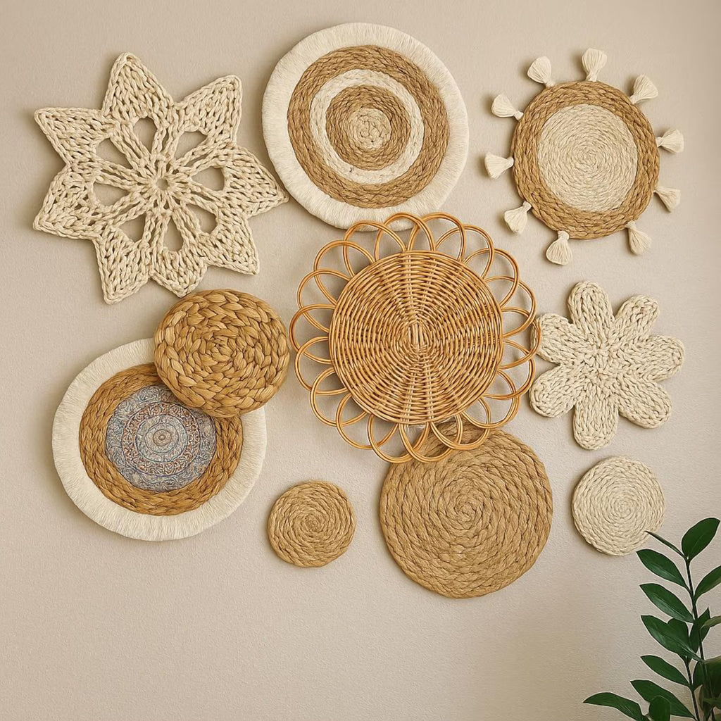 Handwoven Boho Wall Basket Set, 7 Piece Natural Rattan & Wicker Wall Decor for Bedroom, Living Room or Entryway, Chic Farmhouse Style