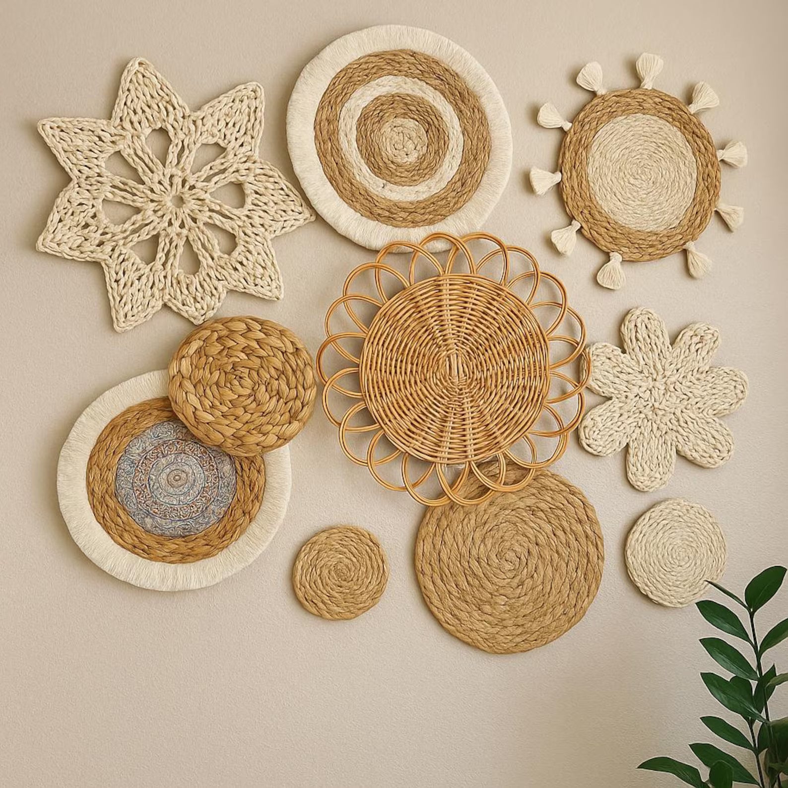 Handwoven Boho Wall Basket Set, 7 Piece Natural Rattan & Wicker Wall Decor for Bedroom, Living Room or Entryway, Chic Farmhouse Style