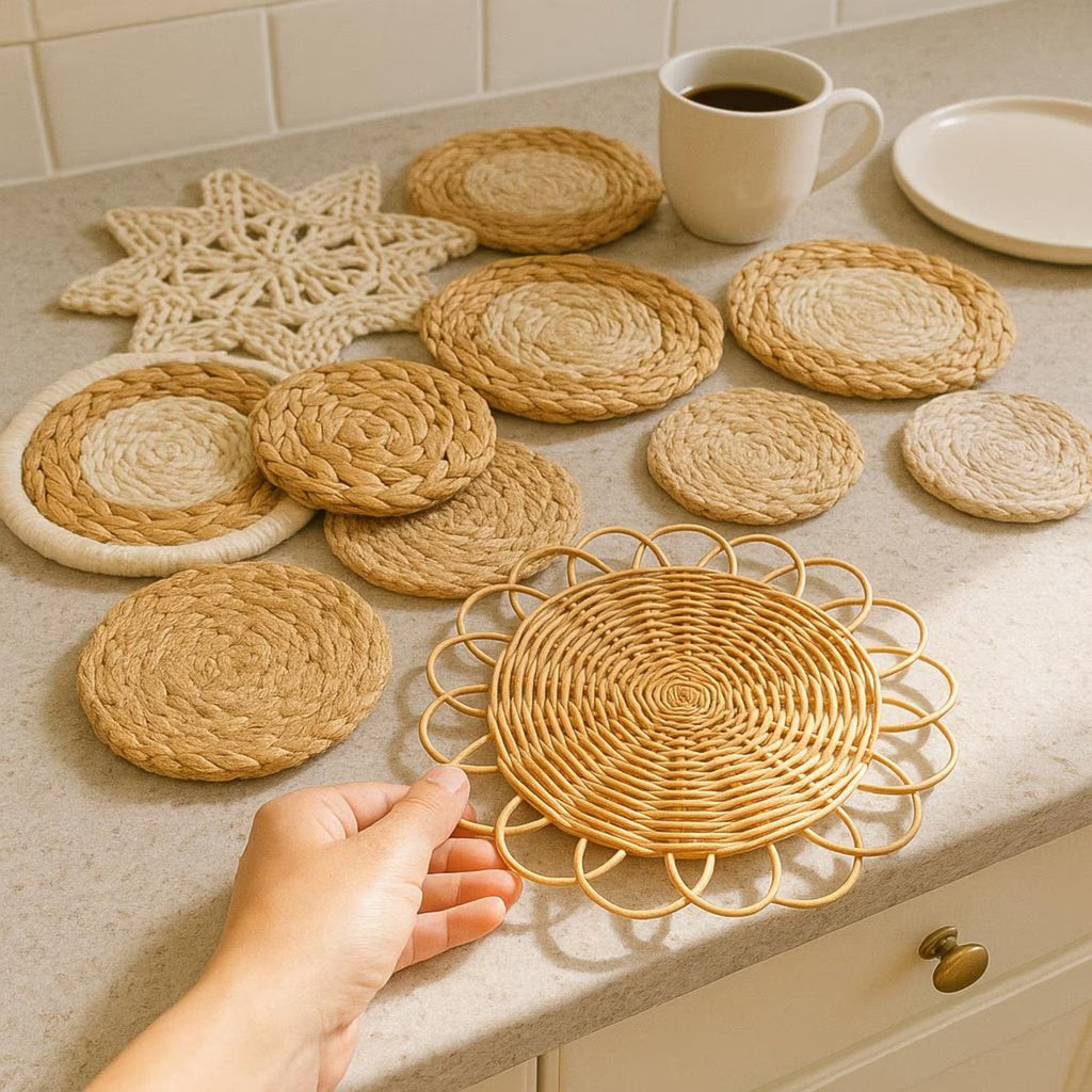 Handwoven Boho Wall Basket Set, 7 Piece Natural Rattan & Wicker Wall Decor for Bedroom, Living Room or Entryway, Chic Farmhouse Style