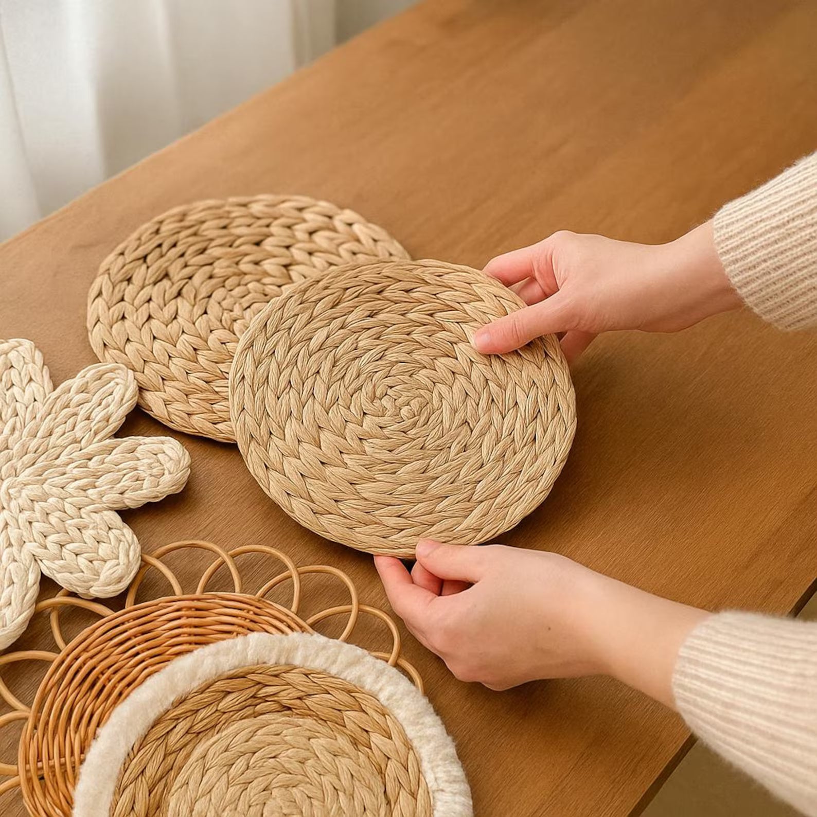 Handwoven Boho Wall Basket Set, 7 Piece Natural Rattan & Wicker Wall Decor for Bedroom, Living Room or Entryway, Chic Farmhouse Style