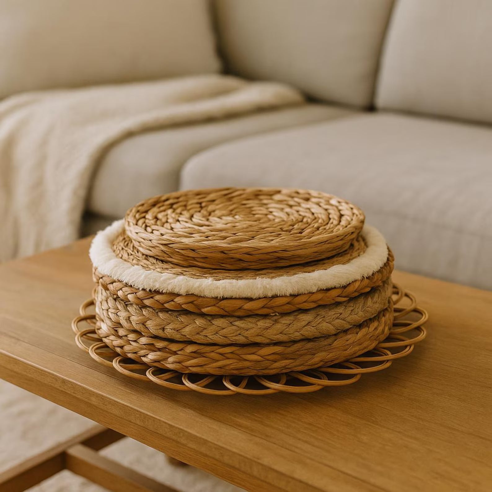 Handwoven Boho Wall Basket Set, 7 Piece Natural Rattan & Wicker Wall Decor for Bedroom, Living Room or Entryway, Chic Farmhouse Style